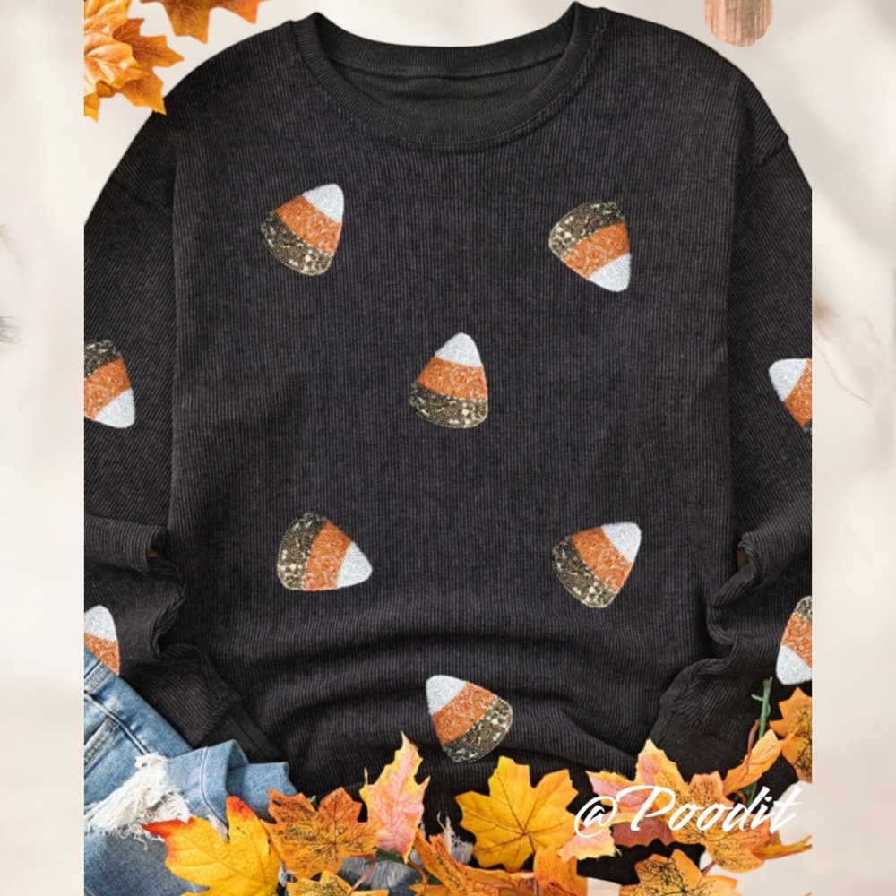 POODIT Cutest sequin candy corn oversized pullover S M L XL 2XL - Picture 4 of 9
